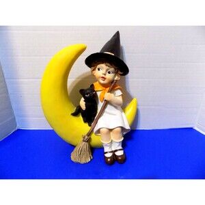 NEW Halloween Little Girl Witch Figurine Black Cat On Moon Vintage 1930s Style